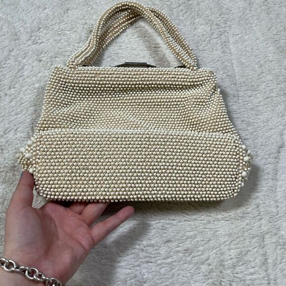 Vintage 1950s Corde Bead Mini Lumured Cream Purse Hand Bag - Picture 2 of 8
